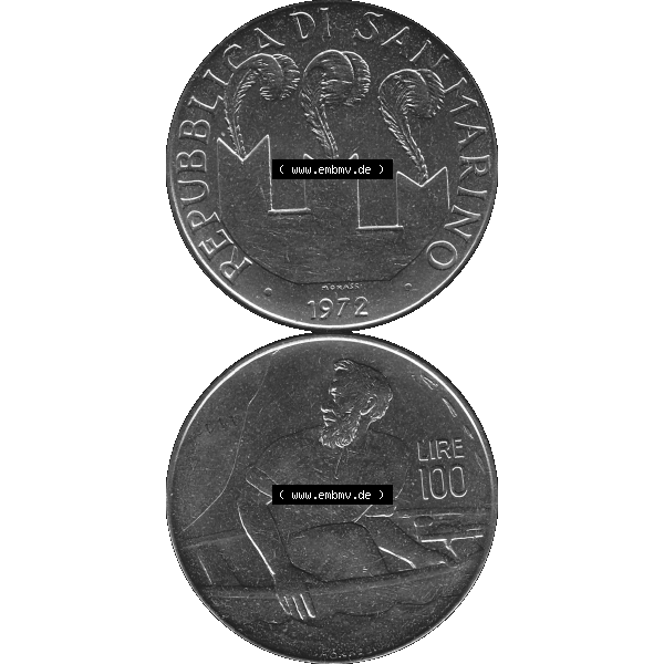Grau bzw. s/w Bildmaterial Münzensatz / KMS 1972 aus San Marino in Graustufen 1972-1972, 100 Lire von 1972, 100 LIRE MONASSI REPUBBLICA DI SAN MARINO Graustufen. PNG Computer-Grafik in Graustufen-PNG... Sammlung Graustufen