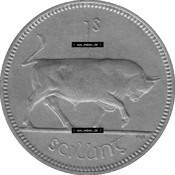 Grau bzw. s/w Bildmaterial einer Münze aus Irland als PNG-Grafik 1951-1968, 1 Schilling 1966-01. Digitalisierte Münze aus Irland als transparente PNG-Grafik zum herunterladen. Rückseite... Sammlung Graustufen