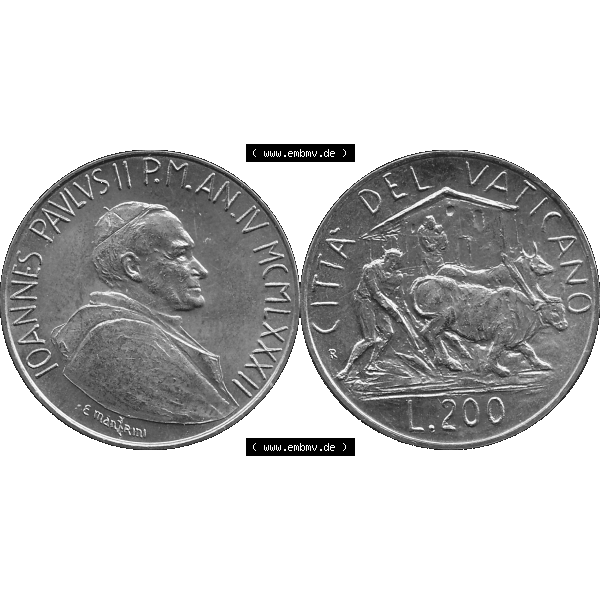 Grau bzw. s/w Alte Münze aus der Vatikanstadt / Vatikan als PNG-Grafik Münze Vatikanstadt 1982-1982, 200 Lire, E. MANFRINI IOANNES PAVLVS II P M 1982-01. Vorderseite und Rückseite... Sammlung Graustufen
