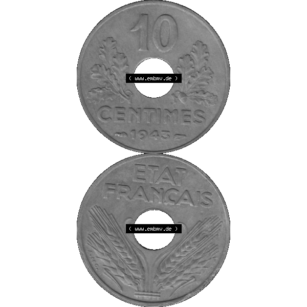 Grau bzw. s/w Münzen Frankreich Umlaufmünze in PNG einer Münze aus Frankreich 1941-1943, 10 Centimes, Etat Francais 1943-01. Vorderseite und Rückseite vertikal auf einen digitalen... Sammlung Graustufen