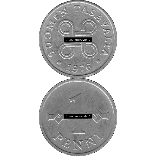 Grau bzw. s/w Alte Münzen KMS Finnland, Kursmünzensatz 1976 in Stempelglanz als digitales Computerbild in transparenten PNG 1969-1979, 1 Penny, Penni 1976-1, SUOMEN TASAVALTA.... Sammlung Graustufen