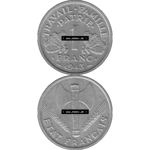 Grau bzw. s/w Münzen Frankreich Umlaufmünze in PNG einer Münze aus Frankreich 1942-1944, 1 Franc, Franken 1943-01. Vorderseite und Rückseite vertikal auf einen digitalen Bild der... Sammlung Graustufen