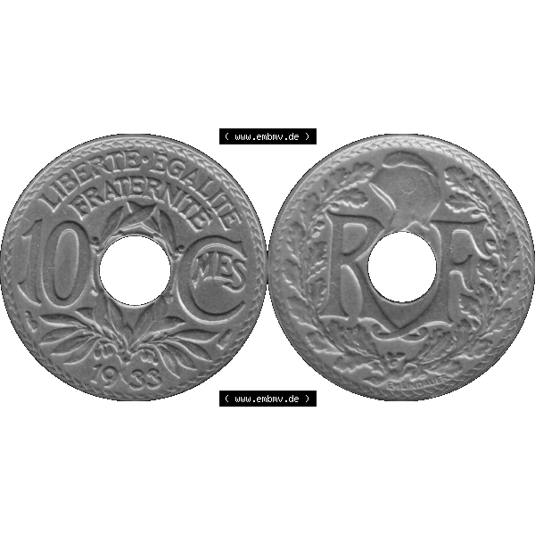 Grau bzw. s/w Münzen Frankreich Umlaufmünze in PNG einer Münze aus Frankreich 1917-1938, 10 Centimes, Cent 1933-01. Vorderseite und Rückseite horizontal auf einen digitalen Bild... Sammlung Graustufen