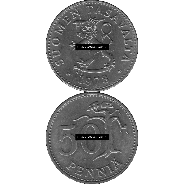 Grau bzw. s/w Alte Münzen KMS Finnland, Kursmünzensatz 1978 in Stempelglanz als digitales Computerbild einer finnischen digitalisierten Münze in transparenten PNG 1963-1990, 50 Penny 1978-1.... Sammlung Graustufen