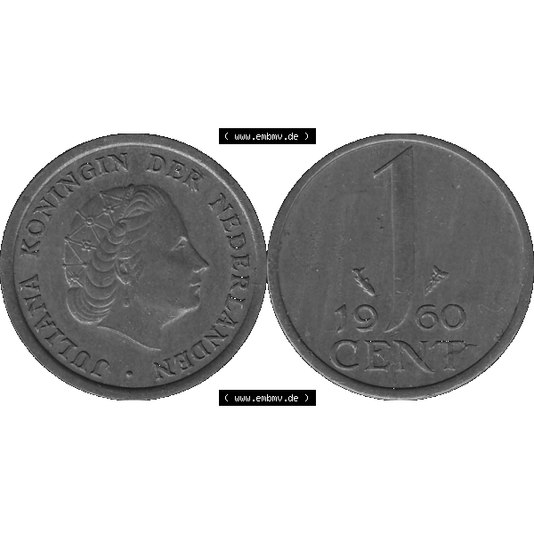 Grau bzw. s/w Alte Münze der Niederlande 1951-1975, in PNG digitalisiert 1950-1980, 1 Cent Königin Juliana 1960-01. Vorderseite und Rückseite horizontal auf einen digitalen Bild der... Sammlung Graustufen