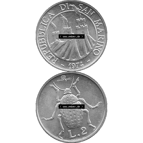 Grau bzw. s/w Bildmaterial Münzensatz / KMS 1974 aus San Marino in Graustufen 1974-1974, 2 Lire, L.2 MINGUZZI MONASSI INC. Graustufen. PNG Computer-Grafik in Graustufen-PNG... Sammlung Graustufen