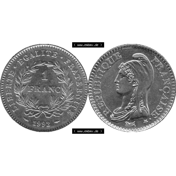 Grau bzw. s/w Münzen Frankreich Umlaufmünze 1992-1992, 1 Francs Liberty Freiheitsgöttin 1992-01. Vorderseite und Rückseite horizontal auf einen digitalen Bild der alten französischen... Sammlung Graustufen