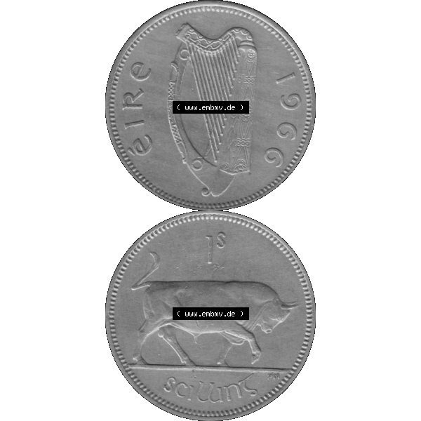 Grau bzw. s/w Bildmaterial einer Münze aus Irland als PNG-Grafik 1951-1968, 1 Schilling 1966-01. Digitalisierte Münze aus Irland als transparente PNG-Grafik zum herunterladen. Vorderseite... Sammlung Graustufen
