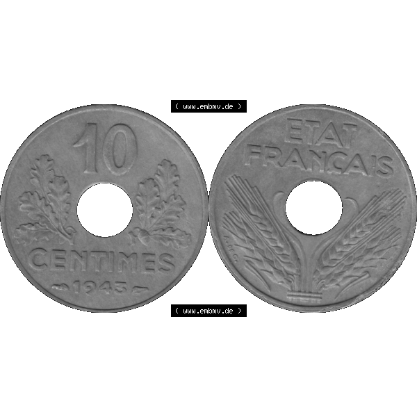 Grau bzw. s/w Münzen Frankreich Umlaufmünze in PNG einer Münze aus Frankreich 1941-1943, 10 Centimes, Etat Francais 1943-01. Vorderseite und Rückseite horizontal auf einen digitalen... Sammlung Graustufen