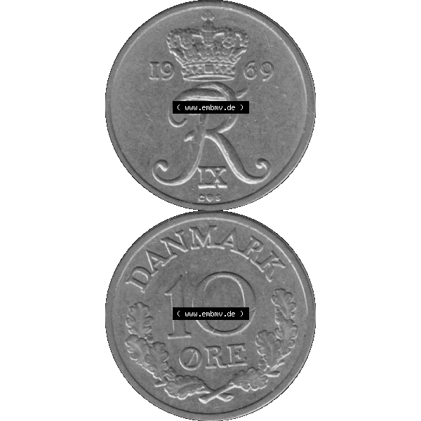 Grau bzw. s/w Alte Münze aus Dänemark als PNG-Grafik 1960-1972, 10 Öre 1969-02. Vorderseite und Rückseite vertikal auf einen digitalen Bild der alten dänischen Umlaufmünze... Sammlung Graustufen