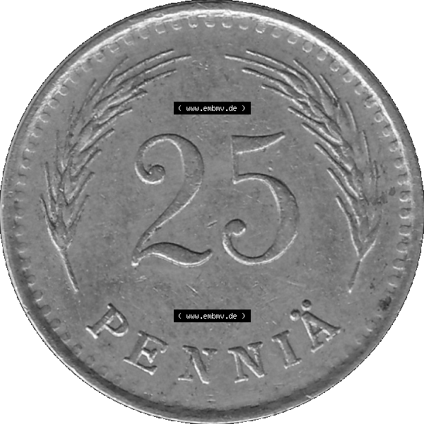 Grau bzw. s/w Alte Münzen KMS Finnland, Kursmünzensatz in PNG Design einer finnischen Münze 1921-1940, 25 Penny, Penniä 1937. Rückseite mit Wert-Zahl bzw. Nennwert... Sammlung Graustufen