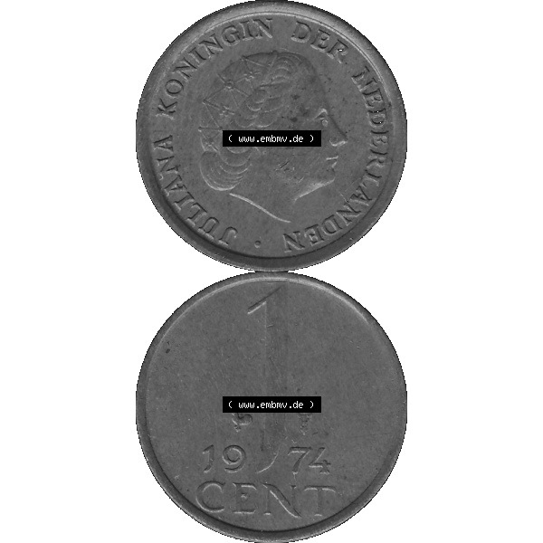 Grau bzw. s/w Alte Münze der Niederlande 1951-1975, in PNG digitalisiert 1950-1980, 1 Cent Königin Juliana 1974-01. Vorderseite und Rückseite vertikal auf einen digitalen Bild der alten... Sammlung Graustufen