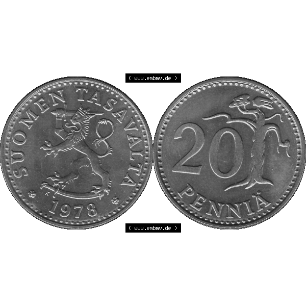 Grau bzw. s/w Alte Münzen KMS Finnland, Kursmünzensatz 1978 in Stempelglanz als digitales Computerbild einer finnischen digitalisierten Münze in transparenten PNG 1963-1990, 20 Penny,... Sammlung Graustufen