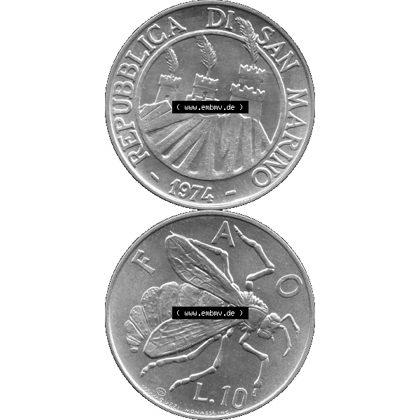 Grau bzw. s/w Bildmaterial Münzensatz / KMS 1974 aus San Marino Münze 1974-1974 als transparente PNG-Grafik, 10 Lire, L.10 MINGUZZI MONASSI INC.. Die digitalisierte Münze... Sammlung Graustufen