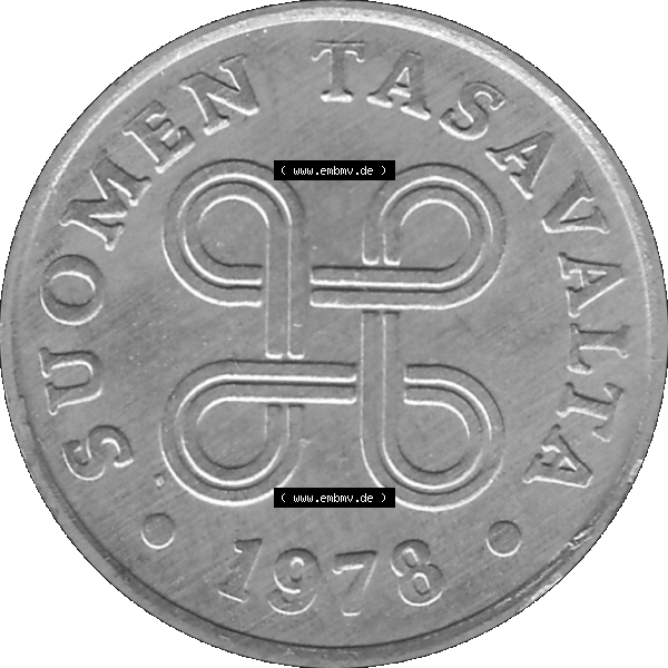 Grau bzw. s/w Alte Münzen KMS Finnland, Kursmünzensatz 1978 in Stempelglanz als digitales Computerbild einer finnischen digitalisierten Münze in transparenten PNG 1969-1979, 1 Penny,... Sammlung Graustufen