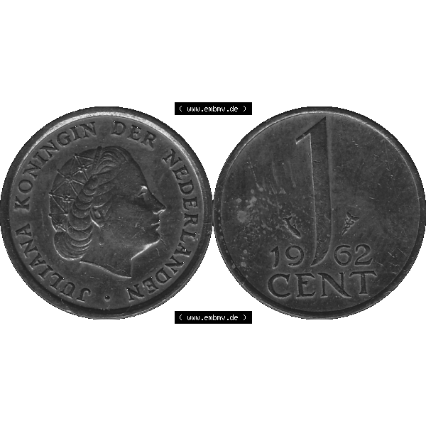 Grau bzw. s/w Alte Münze der Niederlande 1951-1975, in PNG digitalisiert 1950-1980, 1 Cent Königin Juliana 1962-01. Vorderseite und Rückseite horizontal auf einen digitalen Bild der... Sammlung Graustufen