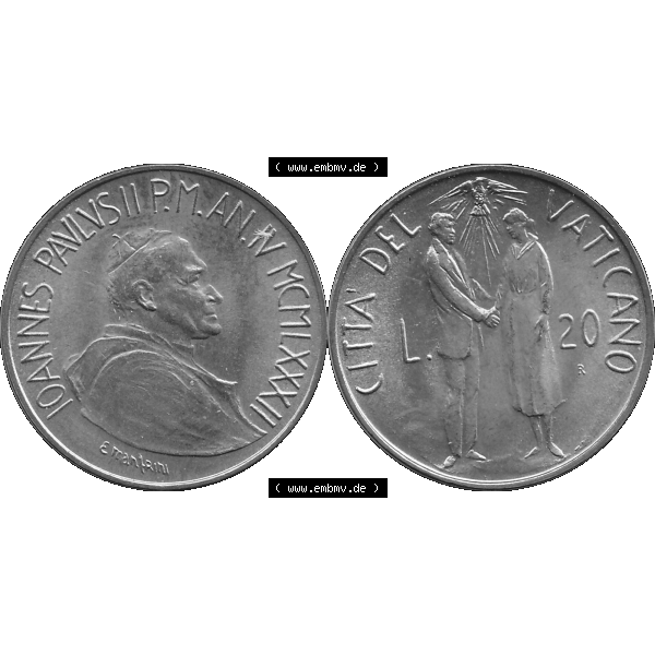 Grau bzw. s/w Alte Münze aus der Vatikanstadt / Vatikan als PNG-Grafik Münze Vatikanstadt 1982-1982, 20 Lire, CITTA DEL VATICANO L.20 R, 1982-01. Vorderseite und Rückseite... Sammlung Graustufen