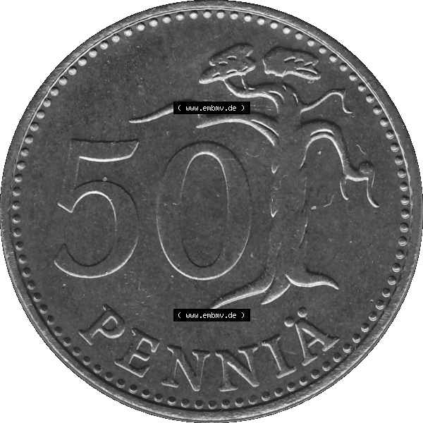 Grau bzw. s/w Alte Münzen KMS Finnland, Kursmünzensatz 1976 in Stempelglanz als digitales Computerbild in transparenten PNG 1963-1990, 50 Penny Penniä 1976-1, SUOMEN TASAVALTA.... Sammlung Graustufen