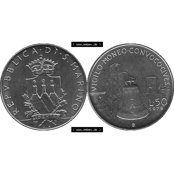 Grau bzw. s/w Bildmaterial Münzensatz / KMS 1979 aus San Marino in Graustufen 1979-1979, 50 Lire, J.P. LIBERTAS REPVBBLICA DI S. MARINO, L.50 VIGILO MONEO CONVOCO... Sammlung Graustufen