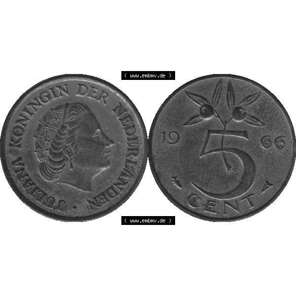 Grau bzw. s/w Alte Münze der Niederlande 1951-1975, in PNG digitalisiert 1950-1980, 5 Cent Königin Juliana 1966-01. Vorderseite und Rückseite horizontal auf einen digitalen Bild der... Sammlung Graustufen