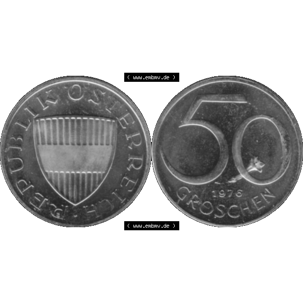 Grau bzw. s/w Alte Münze aus Österreich, in PNG digitalisiert 1959-2001, 50 Groschen 1976-01. Vorderseite und Rückseite horizontal auf einen digitalen Bild der alten österreichischen... Sammlung Graustufen