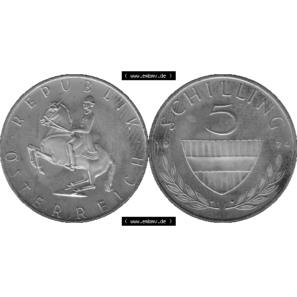 Grau bzw. s/w Alte Münze aus KMS Österreich, Kursmünzensatz 1974 in PP 1968-2001, 5 Schilling 1974-01. Vorderseite und Rückseite horizontal auf einen digitalen Bild der alten österreichischen... Sammlung Graustufen