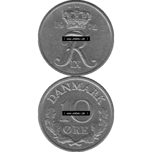 Grau bzw. s/w Alte Münze aus Dänemark als PNG-Grafik 1960-1972, 10 Öre 1972-01. Vorderseite und Rückseite vertikal auf einen digitalen Bild der alten dänischen Umlaufmünze... Sammlung Graustufen