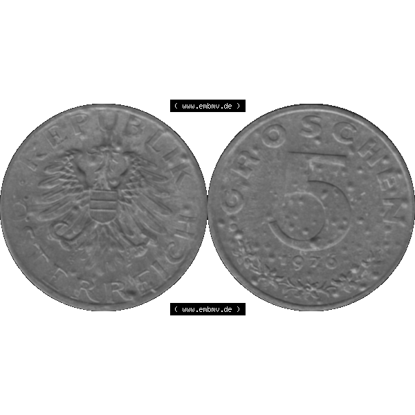 Grau bzw. s/w Alte Münze aus Österreich, in PNG digitalisiert 1948-1994, 5 Groschen 1976-01. Vorderseite und Rückseite horizontal auf einen digitalen Bild der alten österreichischen... Sammlung Graustufen
