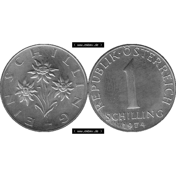 Grau bzw. s/w Alte Münze aus KMS Österreich, Kursmünzensatz 1974 in PP 1959-2001, 1 Schilling 1974-01. Vorderseite und Rückseite horizontal auf einen digitalen Bild der alten österreichischen... Sammlung Graustufen