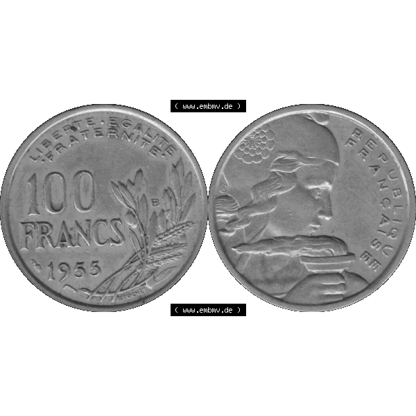 Grau bzw. s/w Münzen Frankreich Umlaufmünze 1954-1958; 100 Francs, Franken Typ I. 1955-01. Vorderseite und Rückseite horizontal auf einen digitalen Bild der alten französischen... Sammlung Graustufen