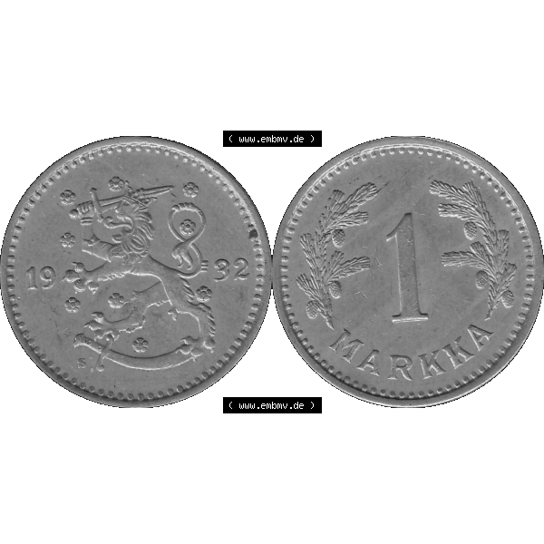 Grau bzw. s/w Alte Münzen KMS Finnland, Kursmünzensatz in PNG Design einer finnischen Münze 1928-1940, 1 finnische Mark, Markka 1932. Digitales transparentes PNG-Bild / Bildmaterial... Sammlung Graustufen