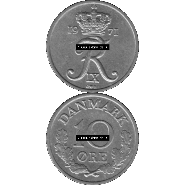 Grau bzw. s/w Alte Münze aus Dänemark als PNG-Grafik 1960-1972, 10 Öre 1971-01. Vorderseite und Rückseite vertikal auf einen digitalen Bild der alten dänischen Umlaufmünze... Sammlung Graustufen