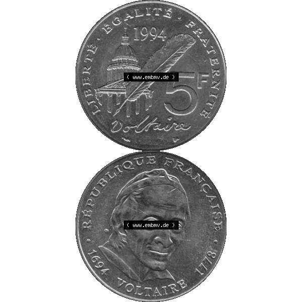 Grau bzw. s/w Münzen Frankreich Umlaufmünze 1994-1994, 5 Francs Liberte Egalite Fraternite 1994-01. Vorderseite und Rückseite vertikal auf einen digitalen Bild der alten französischen... Sammlung Graustufen