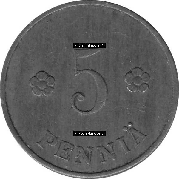 Grau bzw. s/w Alte Münzen KMS Finnland, Kursmünzensatz Pro-Version als JPG-Bild einer finnischen Münze Design 1918-1940, 5 Penny, Penniä 1927 (6). Etwas bessere... Sammlung Graustufen