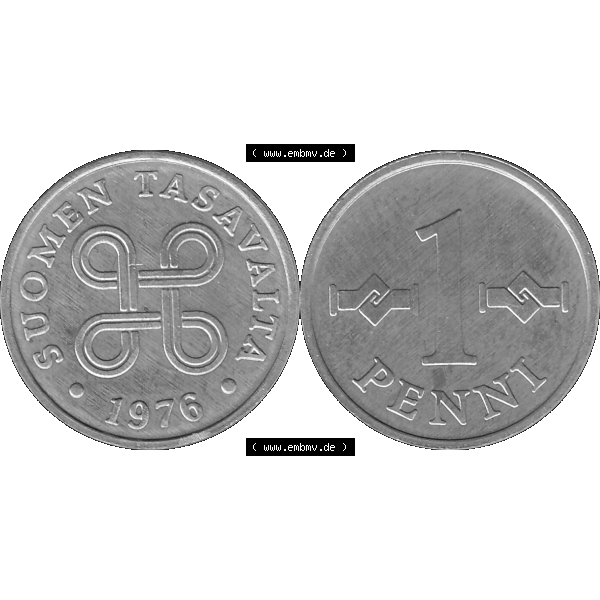 Grau bzw. s/w Alte Münzen KMS Finnland, Kursmünzensatz 1976 in Stempelglanz als digitales Computerbild in transparenten PNG 1969-1979, 1 Penny, Penni 1976-1, SUOMEN TASAVALTA.... Sammlung Graustufen