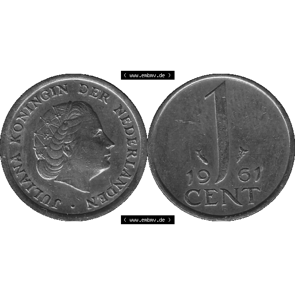 Grau bzw. s/w Alte Münze der Niederlande 1951-1975, in PNG digitalisiert 1950-1980, 1 Cent Königin Juliana 1961-02. Vorderseite und Rückseite horizontal auf einen digitalen Bild der... Sammlung Graustufen