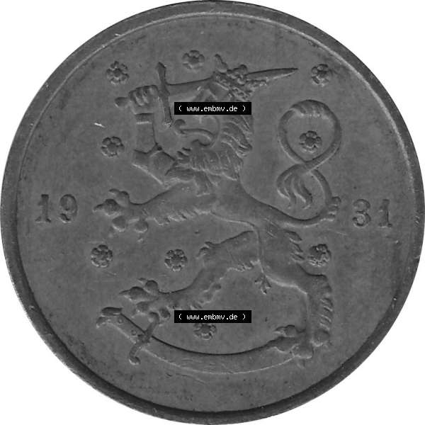 Grau bzw. s/w Alte Münzen KMS Finnland, Kursmünzensatz Pro-Version als JPG-Bild einer finnischen Münze Design 1919-1940, 10 Penny, Penniä 1931 (5). Etwas bessere... Sammlung Graustufen