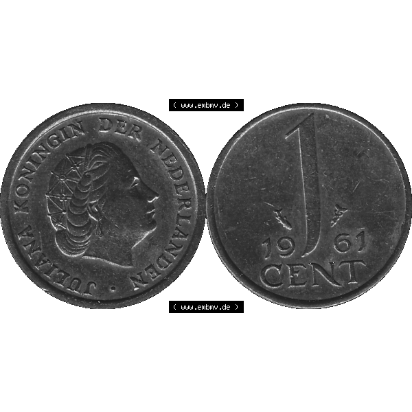 Grau bzw. s/w Alte Münze der Niederlande 1951-1975, in PNG digitalisiert 1950-1980, 1 Cent Königin Juliana 1961-01. Vorderseite und Rückseite horizontal auf einen digitalen Bild der... Sammlung Graustufen