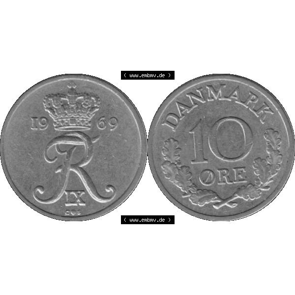 Grau bzw. s/w Alte Münze aus Dänemark als PNG-Grafik 1960-1972, 10 Öre 1969-02. Vorderseite und Rückseite horizontal auf einen digitalen Bild der alten dänischen Umlaufmünze... Sammlung Graustufen
