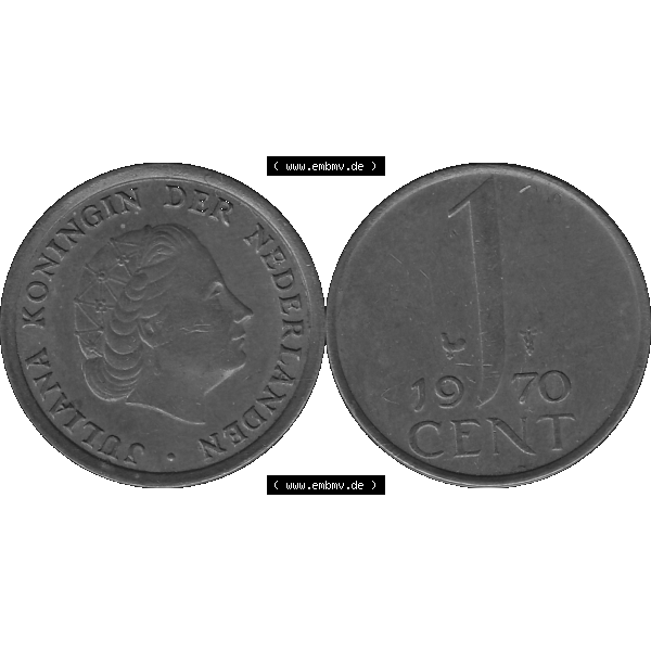 Grau bzw. s/w Alte Münze der Niederlande 1951-1975, in PNG digitalisiert 1950-1980, 1 Cent Königin Juliana 1970-01. Vorderseite und Rückseite horizontal auf einen digitalen Bild der... Sammlung Graustufen