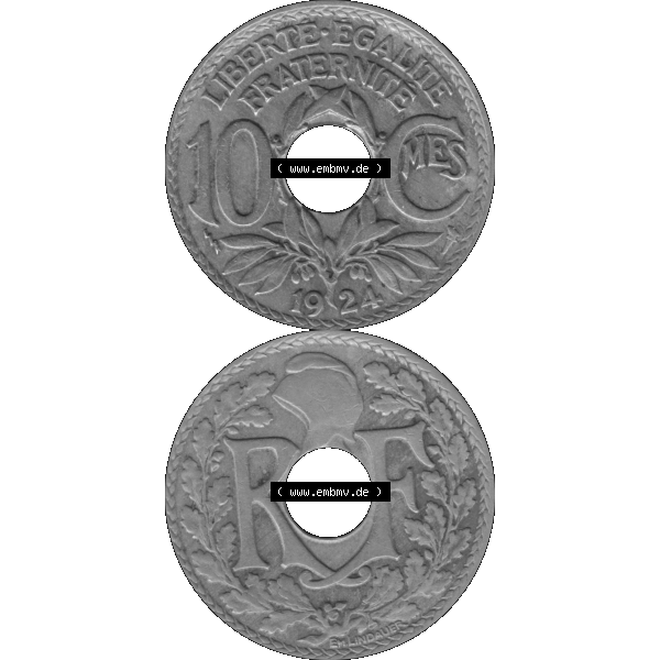 Grau bzw. s/w Münzen Frankreich Umlaufmünze in PNG einer Münze aus Frankreich 1917-1938, 10 Centimes, Cent 1924-01. Vorderseite und Rückseite vertikal auf einen digitalen Bild... Sammlung Graustufen