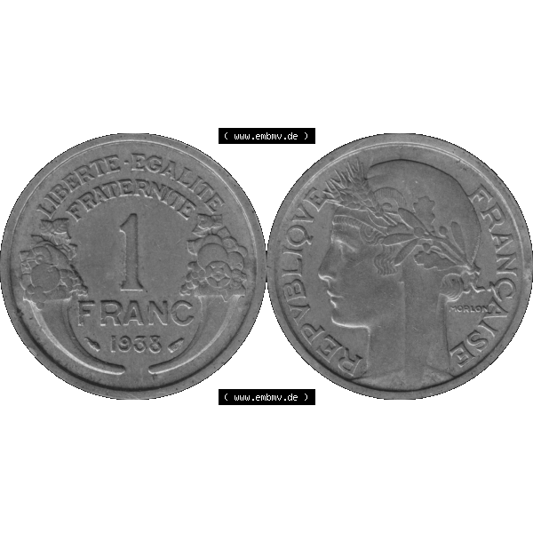 Grau bzw. s/w Münzen Frankreich Umlaufmünze in PNG einer Münze aus Frankreich 1931-1941, 1 Francs, Franken 1938-01. Vorderseite und Rückseite horizontal auf einen digitalen Bild... Sammlung Graustufen