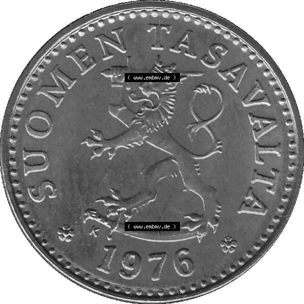 Grau bzw. s/w Alte Münzen KMS Finnland, Kursmünzensatz 1976 in Stempelglanz als digitales Computerbild in transparenten PNG 1963-1982, 10 Penny, Penniä 1976-1, SUOMEN TASAVALTA.... Sammlung Graustufen
