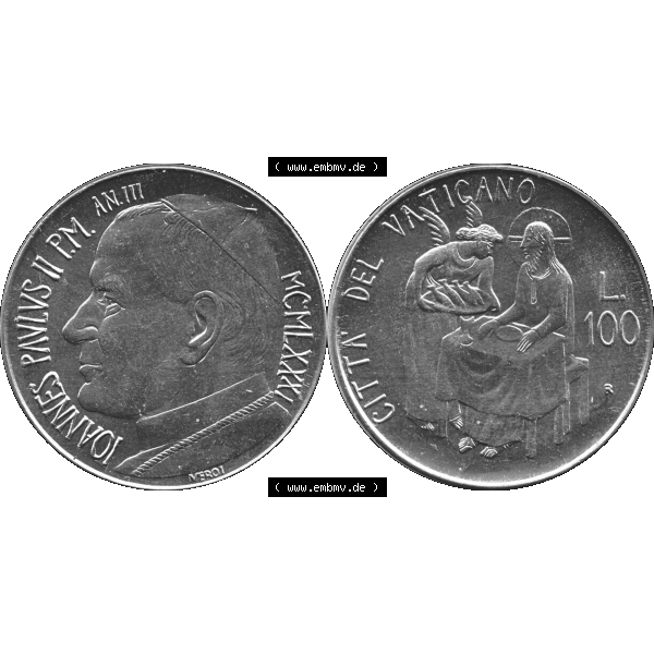 Grau bzw. s/w Alte Münze aus der Vatikanstadt / Vatikan als PNG-Grafik 1981-1981, 100 Lire Papst Johannes Paul II 1981-01. Vorderseite und Rückseite horizontal auf einen digitalen Bild der... Sammlung Graustufen