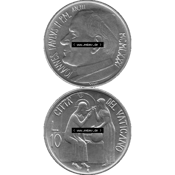 Grau bzw. s/w Alte Münze aus der Vatikanstadt / Vatikan als PNG-Grafik 1981-1981, 10 Lire Papst Johannes Paul II. 1981-01. Vorderseite und Rückseite vertikal auf einen digitalen Bild... Sammlung Graustufen
