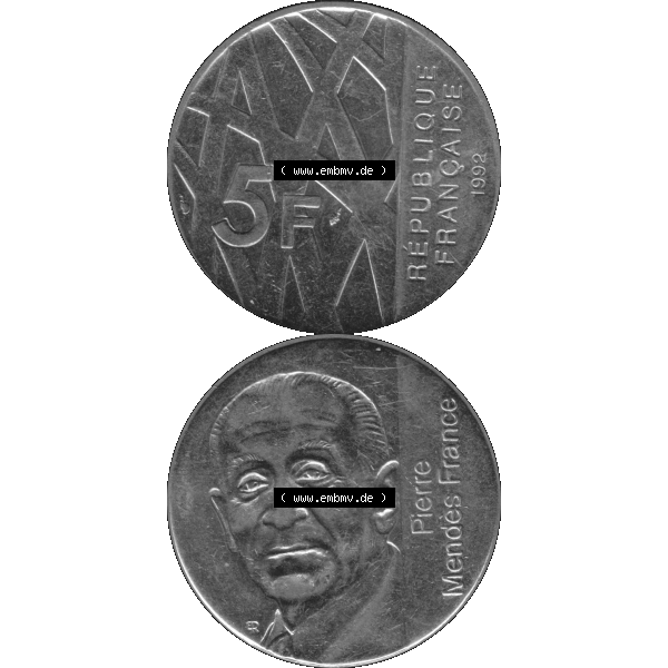 Grau bzw. s/w Münzen Frankreich Umlaufmünze 1992-1992, 5 Francs Franken in Nickel 1992-01. Vorderseite und Rückseite vertikal auf einen digitalen Bild der alten französischen Umlaufmünze... Sammlung Graustufen