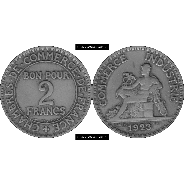 Grau bzw. s/w Münzen Frankreich Umlaufmünze in PNG einer Münze aus Frankreich 1920-1927, 2 Francs, Franken 1923-01. Vorderseite und Rückseite horizontal auf einen digitalen Bild... Sammlung Graustufen