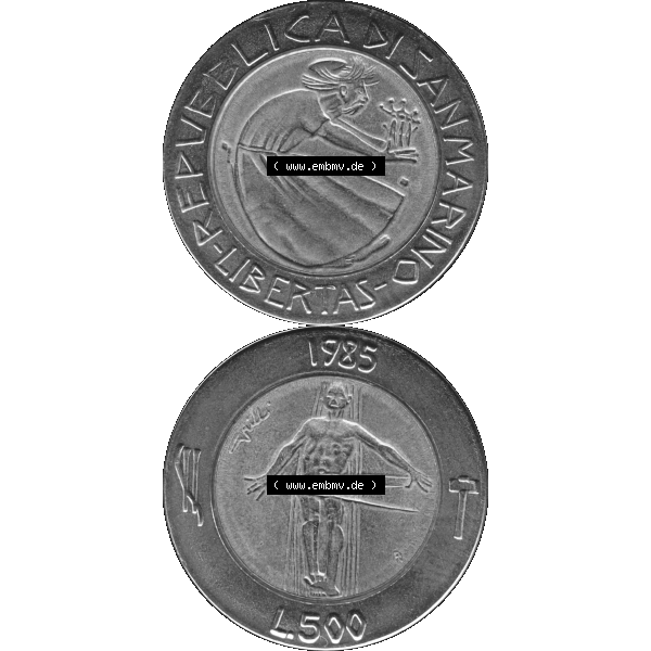 Grau bzw. s/w Gedenkmünzen aus San Marino, in PNG 1985-1985, 500 Lire Drogenkrieg 1985-01. Vorderseite und Rückseite vertikal auf einen digitalen Bild der alten Gedenkmünze aus San... Sammlung Graustufen