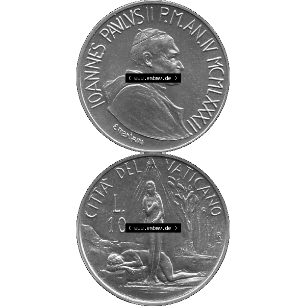 Grau bzw. s/w Alte Münze aus der Vatikanstadt / Vatikan als PNG-Grafik Münze Vatikanstadt 1982-1982, 10 Lire, E. MANFRINI IOANNES PAVLVS II P M 1982-01. Vorderseite und Rückseite... Sammlung Graustufen