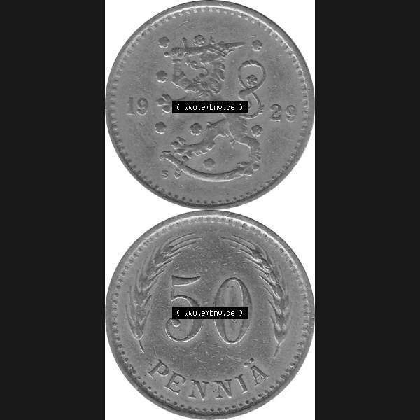 Grau bzw. s/w Alte Münzen KMS Finnland, Kursmünzensatz Pro-Version als JPG-Bild einer finnischen Münze Design 1921-1940, 50 Penny, Penniä 1929 (8). Etwas bessere... Sammlung Graustufen